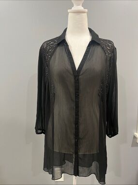 Vanity Sheer Black Button-Down Crochet Shoulder Blouse